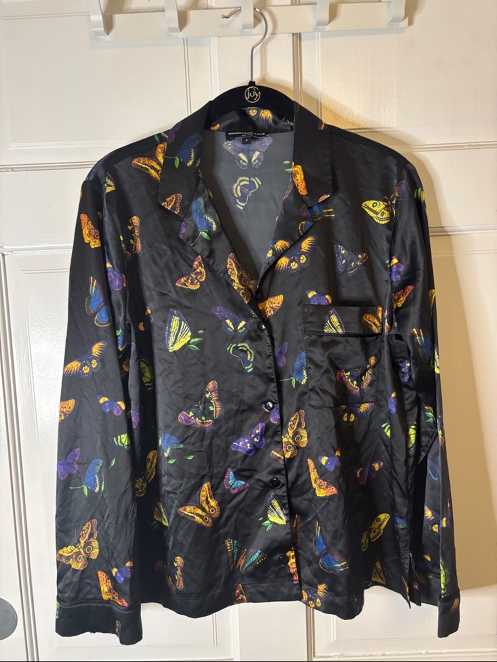 Generation Love Women’s Black Butterfly Print Satin Top